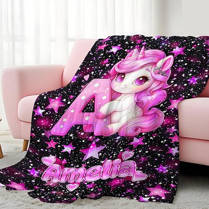 Custom Girl Blanket with Name Personalized Unicorn Blanket Gift for Newborn, Toddler, Teens to Adult for Birthday, Baby Shower, Christmas (Girl-01)