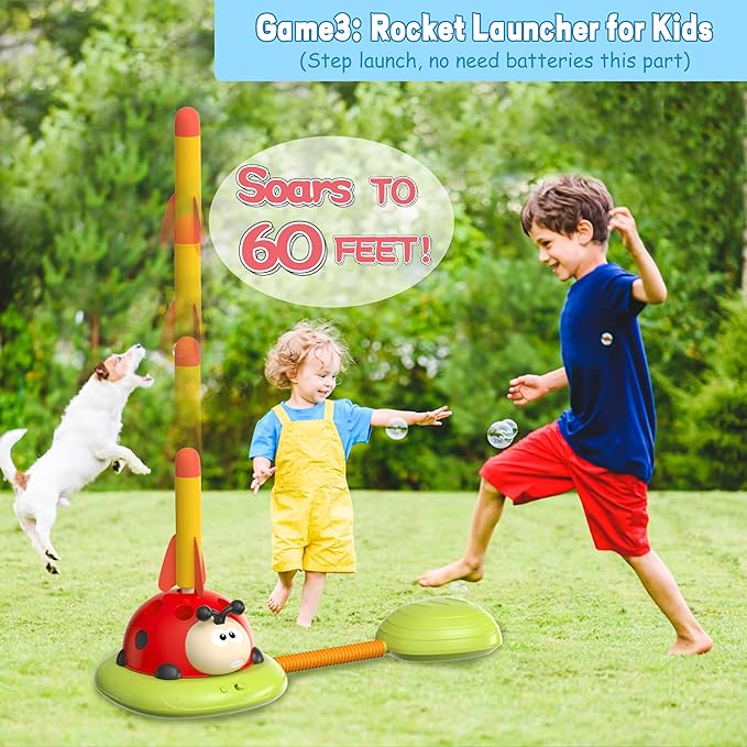 4 in 1 Musical Jump, Toss Ring Game, Baseball Toys and Stomping Launch Rocket Launcher for Kids Toys & Games with Remote, Indoor Outdoor Toys for Kids Ages 4-8 3-5 Baseball Party Favors Game Gift