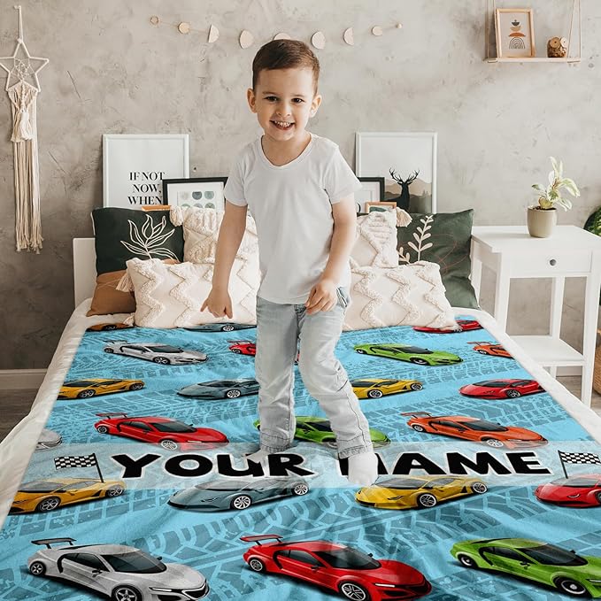 Personalized Car Blanket Gifts for Kids - 30x40 Inches Cute Cars Throw Blanket for Boys Men Race Sport Car Lovers - Custom Name Blue Soft Fuzzy Blankets for Couch, Sofa