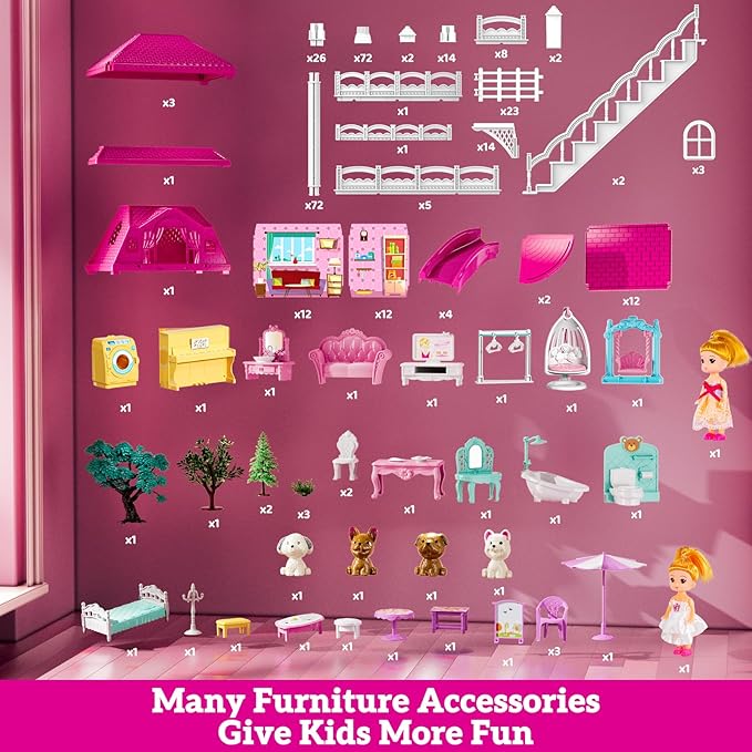 Villa Playset for Girls Ages 3-7, 4-Story 12 Room House with 2 Dolls, Furniture and Accessories, Indoor Playset Girls Toys for Ages 6-8, Pretend Toddler Toy, Birthday Gifts for Kids 4-8