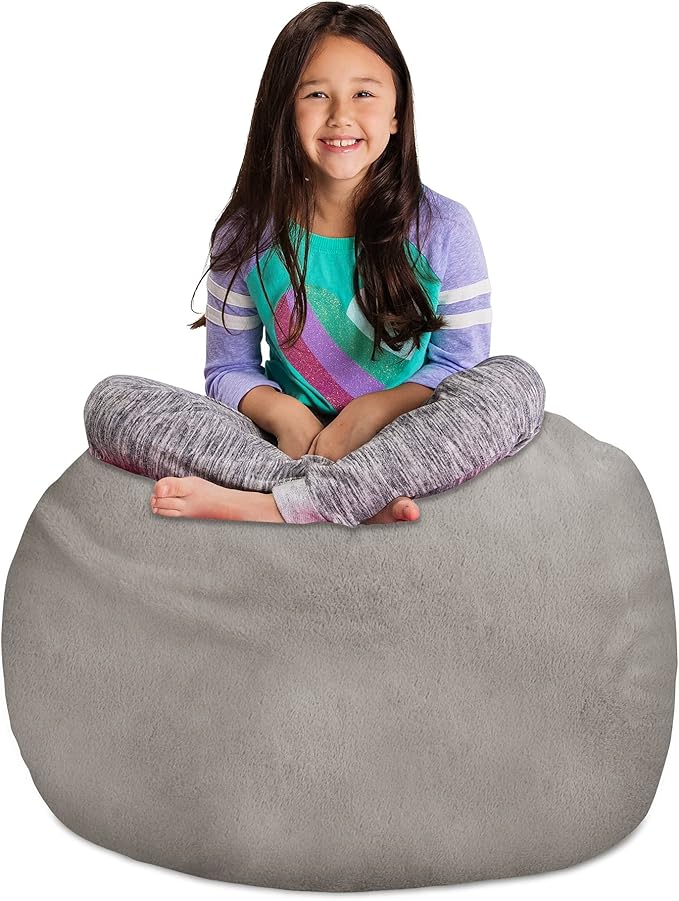 Posh Creations Stuffable Kids Stuffed Animal Storage Bean Bag Chair Cover - Childrens Toy Organizer, Large 38" - Soft Faux Rabbit Fur Gray