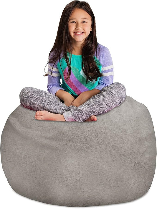 Posh Creations Stuffable Kids Stuffed Animal Storage Bean Bag Chair Cover - Childrens Toy Organizer, Large 38" - Soft Faux Rabbit Fur Gray