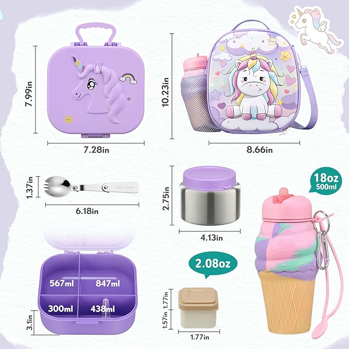 Kids Lunch Box Set -12oz Insulated Food Jar, Thermal Bag,Leakproof Lunch Food Containers Cutlery (BPA Free)-Gift for Girls/Boys Age 3-10 (Purple+Purple Jar)