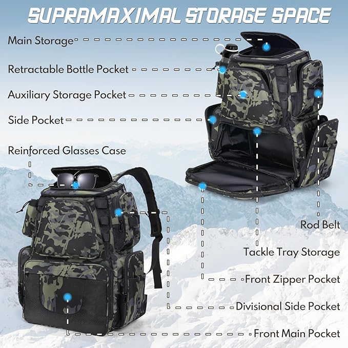 Anpress 38L Fishing Tackle Backpack with 2 Rod Holder Waterproof Large Storage Outdoor Tackle Bag Fishing Rucksack Bag for 4 Trays, Tackle Storage Backpack for Camping Hiking Traveling Cycling