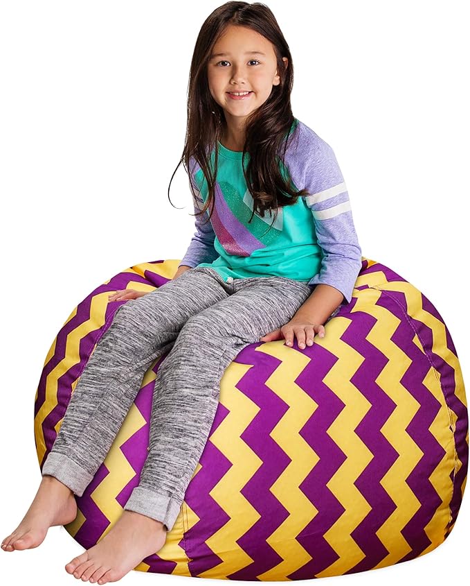 Posh Creations Stuffable Kids Stuffed Animal Storage Bean Bag Chair Cover - Childrens Toy Organizer, Large 38" - Pattern Chevron Purple and Yellow