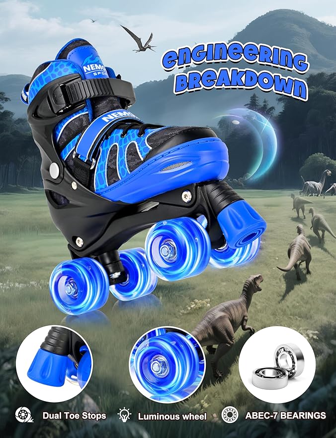 NEMONE Roller Skates for Boys Kids Ages 4-6 5-8 6-12 8-12 with 4 Sizes Adjustable Light up Wheels, Todder Beginner Rollerskates Indoor Outdoor Sports