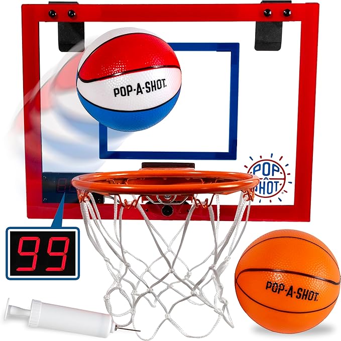 Pop-A-Shot Super Slam Over The Door Mini Basketball Hoop for Adults | 2 Included Basketballs and Pump | Built for Dunks | Breakaway Rim | Shatter Resistant Backboard | 17x12.5 Inches