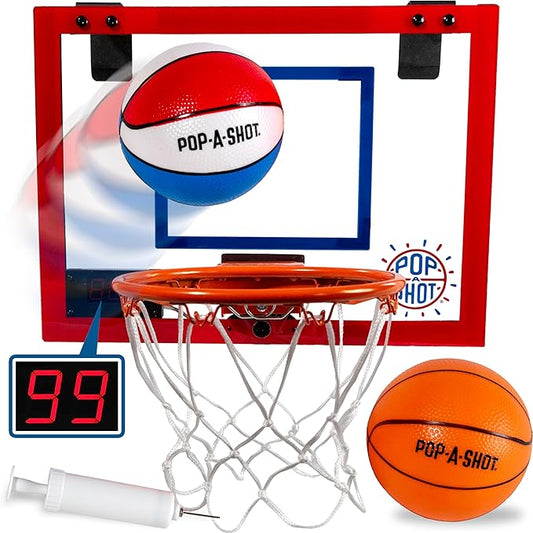 Pop-A-Shot Super Slam Over The Door Mini Basketball Hoop for Adults | 2 Included Basketballs and Pump | Built for Dunks | Breakaway Rim | Shatter Resistant Backboard | 17x12.5 Inches