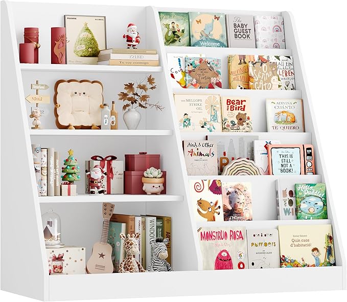 6 Tier Kids Bookshelf and Toy Storage Organizer, Child-Friendly Height & Stable Triangle Design, Toddler Book Shelf for Kids Room, Playroom, Bedroom, Classroom, Nursery, School, White