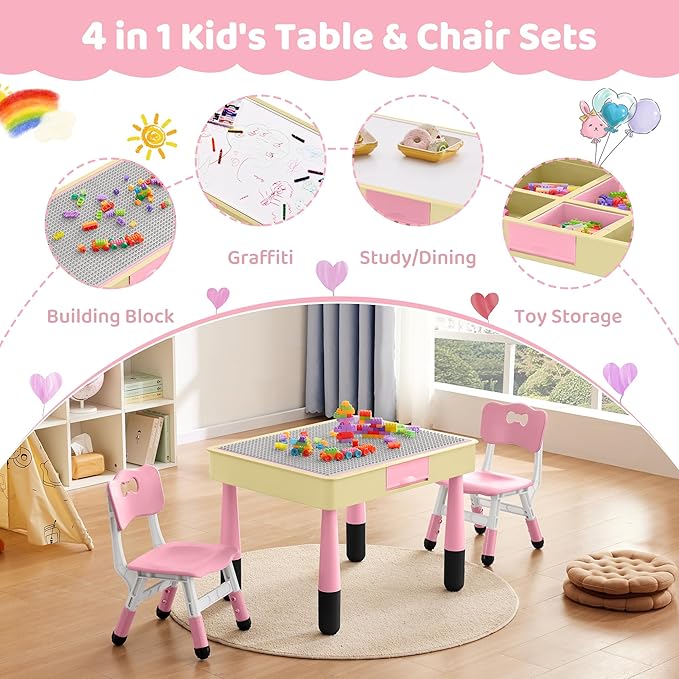 4 in 1 Kids Table and 2 Chairs Set with Storage, Toddler Table and Chair Set for Kids Ages 3-10, Graffiti & Building Blocks Double-Sided Tabletop (Pink, 2 Chairs)