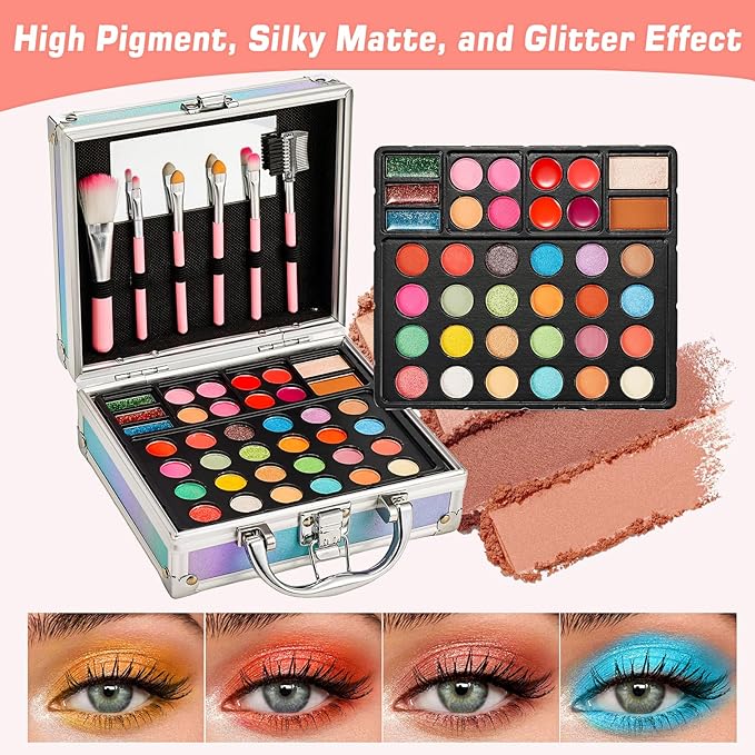 Anpro All-In-One Makeup Kit for Girls 10-12 with Case, Pro Teen Makeup Set, Tween Makeup Kit, Full Starter Make Up Kit with Brushes, Eyeshadow Palette, Blushes, Glitter Gel, Temporary Tattoo Stickers