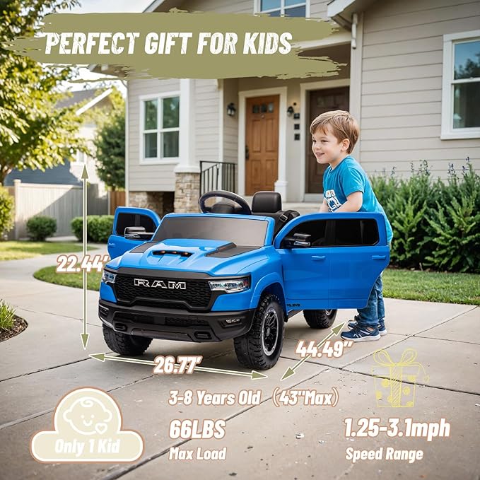Ram 1500 RHO Ride on Car for Kids,12V Electric Truck Car with Remote,Kids Ride on Toy Car with Raised Windows,Safety Belt,Bluetooth,Music for Age 3-8 (Blue)