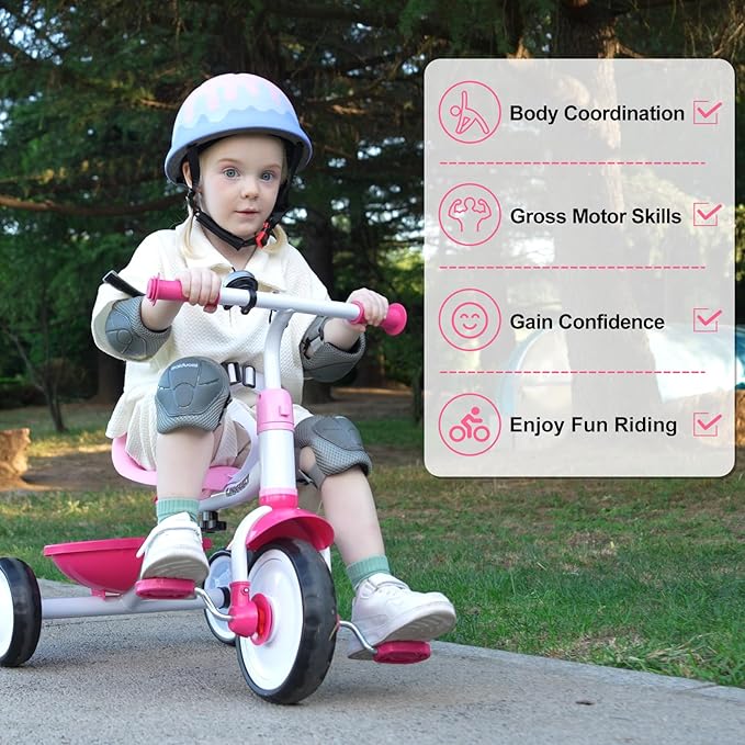 Liberry 2 in 1 Toddler Tricycle Age 2 3 4 Years Old, Kids Trike with Adjustable Push Handle, Bell & Basket, 3 Wheel Bike Riding Toy Birthday for Girls Boys, Pink