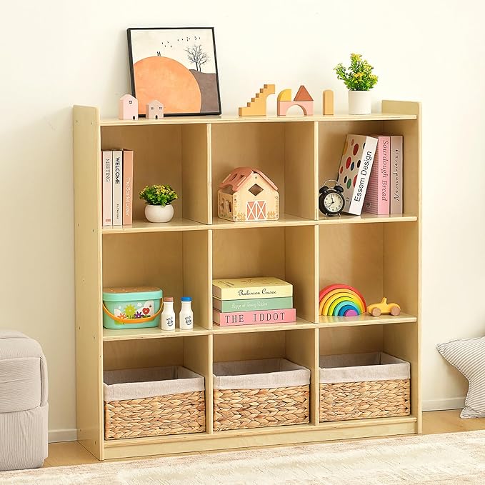 OOOK 9-Cube Storage Organizer, Wooden Storage Cabinet Display Shelf, Kids Bookshelf for Classroom, Playroom, Living Room, Office, etc