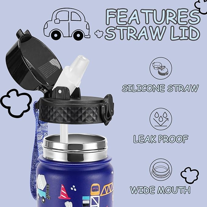 GOPPUS Kids Water Bottle (Straw Lid) - 18 Oz Stainless Steel Travel Bottle, Double Wall Vacuum Leak Proof Kids Cup for School Boys Girls,Blue engineering car
