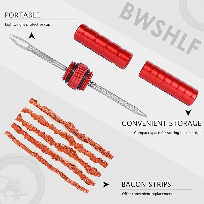BWSHLF Tubeless Bike Tire Repair Kit for MTB and Road Bicycle Tires, Puncture Kit Include Bacon Strips Embedding Tool Red