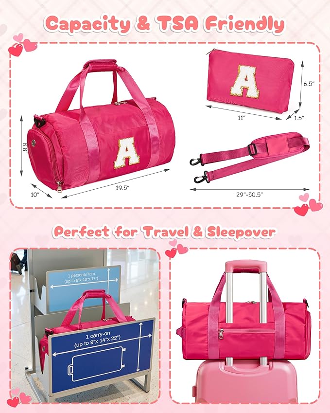 Teenager Girl Gift Ideas, Girls Travel Duffel Bag, Kids Initial Overnight Bags with Shoe Compartment, Customized Sport Gym Weekender Bag with Makeup Pouch, Preppy Stuff (Letter F)
