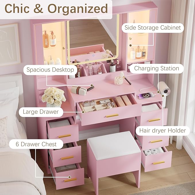 43'' Makeup Vanity with Mirror and Lights, Pink Vanity Desk with 7 Drawers & Charging Station, 3 Lighting Modes & Adjustable Brightness, Cushioned Stool, Dressing Table for Girls, Women, Teens