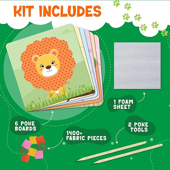 jackinthebox Poke Poke Art – Animals Theme, Mess-Free Fabric Art and Craft, Flower Pressing Kits, Gift for Kids, Girl Gifts, Boy Gift, Toys for Girls and Boys Ages 4 5 6 7 8
