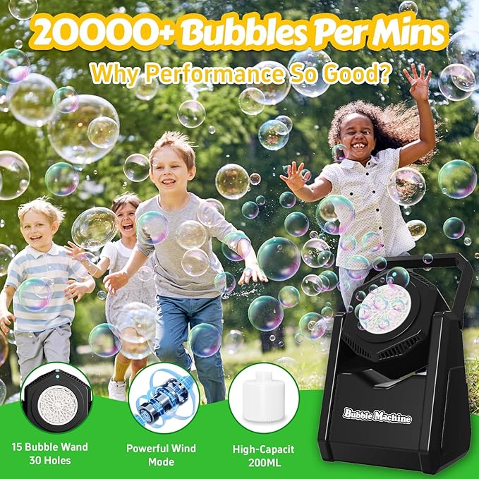 Bubble Machine, Automatic Bubbles Blower for Kids Toddlers, 360° Leak-Proof & 90° Adjustment Battery Operated Bubble Toys with LED Light - Gifts for Boys, Girls, Outdoor, Birthday, Halloween Party