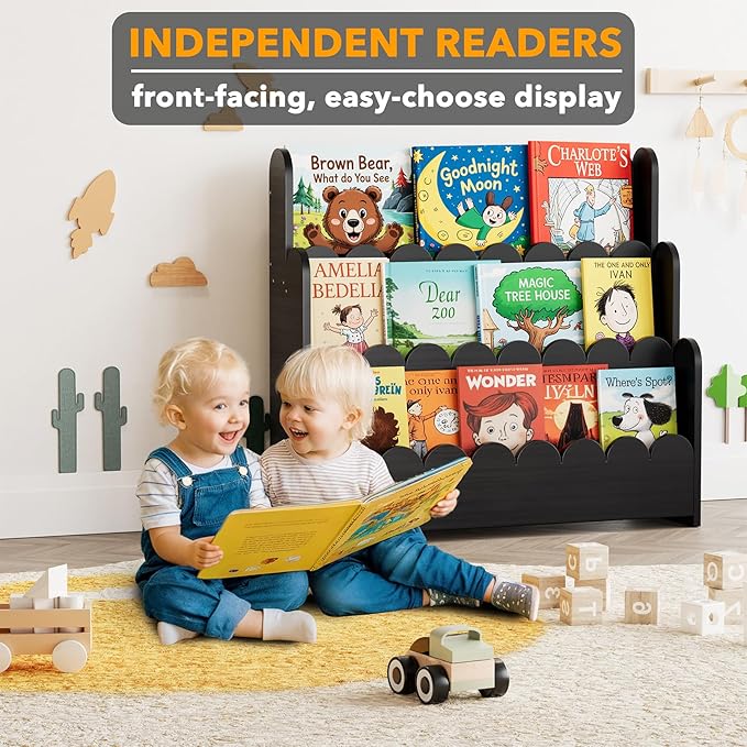 SpaceAid 3-Tier Scalloped Bookshelf, Montessori Bookcase for Toddlers, Wooden Book Shelf Organizer Display Furniture for Kids Rooms, Playroom, Nursery and Classroom, Black