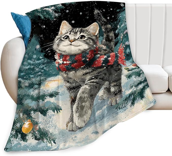 Cat Blanket Christmas Winter Night Throw Blankets Kitten Gifts for Girls Boys Kids Cat Lover Soft Cozy Fleece Plush for Couch Sofa Bed 50"x40"