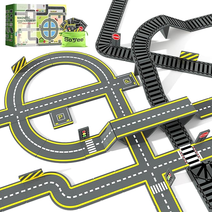 Magnetic Tiles Road & Train Track Expansion Pack Magnetic Building Blocks Construction Kids Toys for Ages 3-12 Boys Girls Building Toys Includes Road Tracks, Traffic Lights, Parking Spot