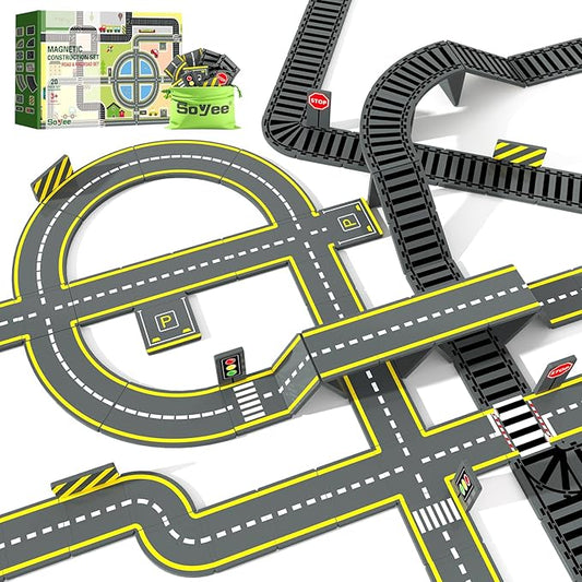 Magnetic Tiles Road & Train Track Expansion Pack Magnetic Building Blocks Construction Kids Toys for Ages 3-12 Boys Girls Building Toys Includes Road Tracks, Traffic Lights, Parking Spot