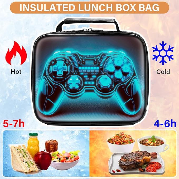 Gamer Lunch Box for Boys,Leather Boys Lunch Bag for Kids,Gamer Gifts for Kids,Insulated Video Game Lunchbox,Reusable Portable Lunchbox for School Travel Picnic Hiking Beach
