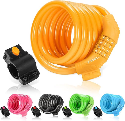 Etronic Bike Lock M6, Cable Lock 6 Feet Long Coiled Security Resettable Combo Combination Lock Bicycle Lock with Mounting Bracket