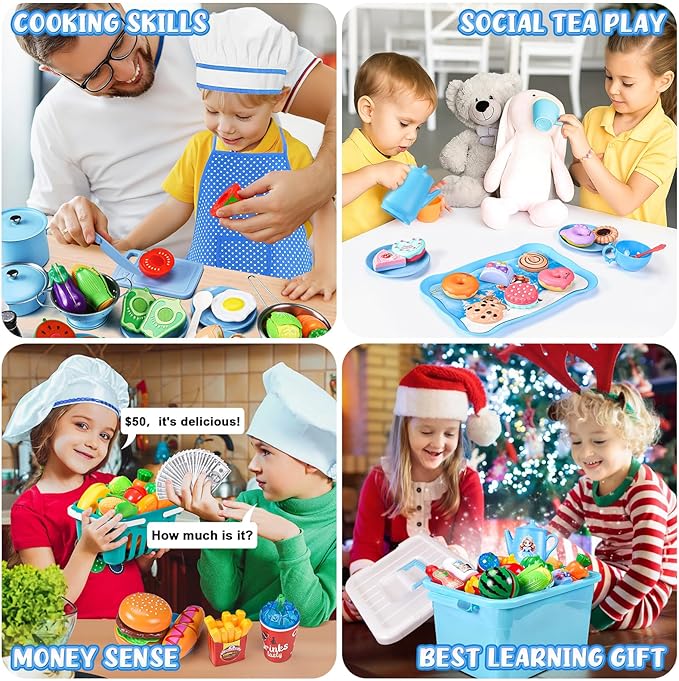 105Pcs Kids Kitchen Playset, Play Kitchen Accessories, Pretend Play Food Tea Party Set, Toy Kitchen Kids Cooking Real with Apron＆Chef Hat, Utensils Cookware, Toy Organizer, Birthday Gift for Toddler