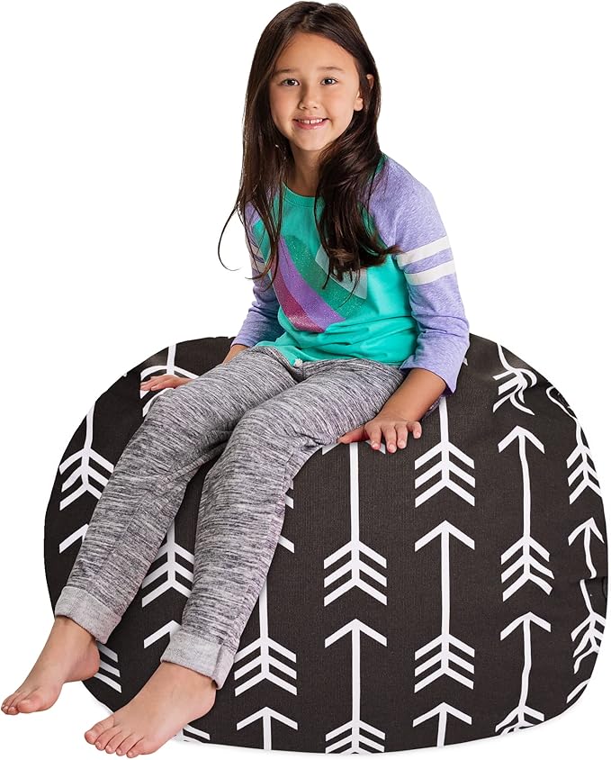 Posh Creations Kids Stuffed Animal Storage Bean Bag Chair Cover - Childrens Toy Organizer, Large-38in, Canvas White Arrows on Gray