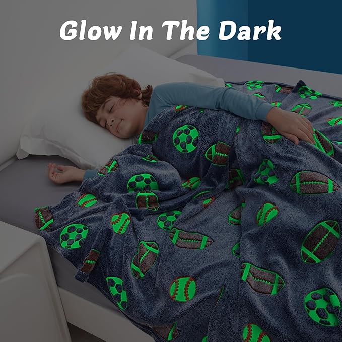 QSTEHEML Soccer Glow in The Dark Blanket,Football Gifts Toys for Kids Boys Age 3-12 Years Old,Birthday, for Toddler, Teen, Son, Soft Luminous Throw Blanket 50"×60"