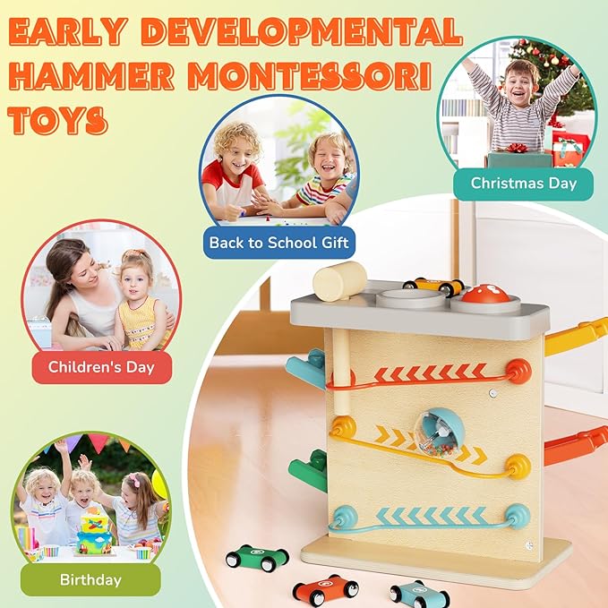 Toddler Toys for 1 Year Old Boy Girl 2 in 1 Pound Ball Toy & Car Ramp Race Track Learning Early Developmental & Educational Montessori Toys for Toddler 1-3 Year Old Birthday Gifts