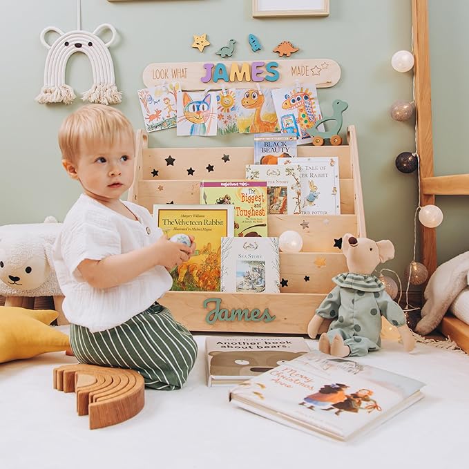 Personalized Montessori Bookshelf for Toddlers, Handmade Wooden Kids Book Organizer, Nursery and Playroom Storage, Custom Name Gift for Baby Shower or Birthday