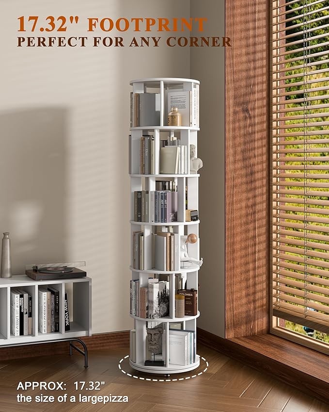 6-Tier Solid Wood Rotating Bookshelf on Wheels, 360° Spinning Book Shelf Tower, Round Revolving Bookcase Organizer, Rolling Bookshelves for Small Spaces, Corner, Bedroom, Kids Room, Office, White