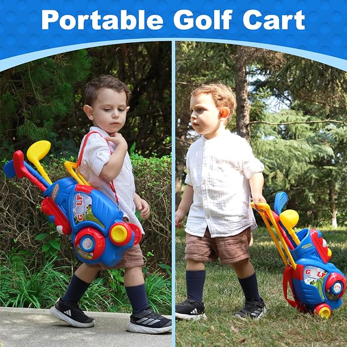 Toddler Golf Set for Boys Girls 2 3 4 5 Years Old, Upgraded Kids Golf Cart with Putting Mat & Cornhole Board, Outdoor Indoor Sports Christmas Toys, Blue