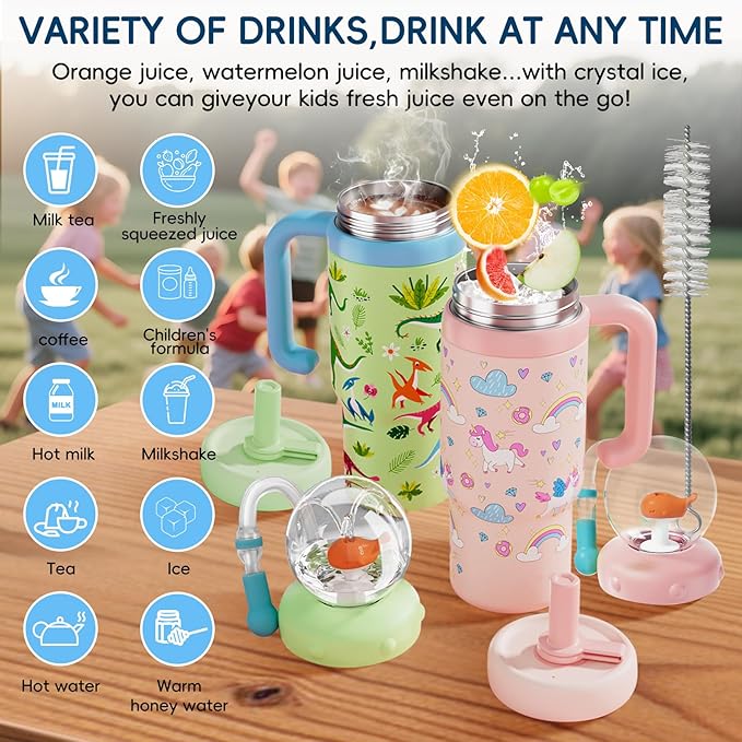 Insulated Whale Fountain Cup, 24 oz Stainless Steel Travel Mug with Handle, Leak-Proof Straw Cup, 2025 model - Washable. Suitable for children, teenagers and adults (Orange little bear)