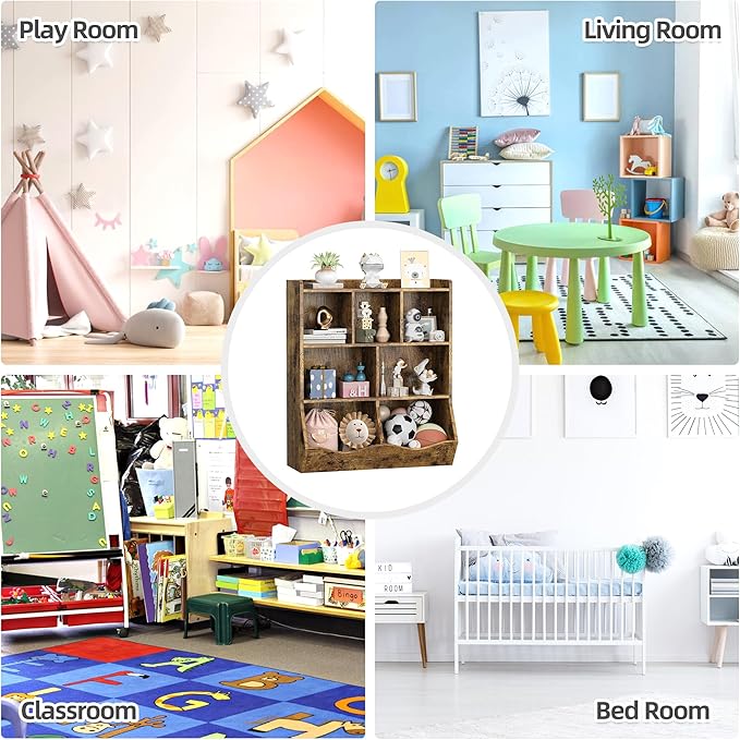 GarveeHome Rustic Brown Toy Storage Cabinet, Three-Tier Kids Bookshelf and Bookcase for Storage Books and Toys, Multi Shelf with Cubby Organizer for Bedroom and Playroom