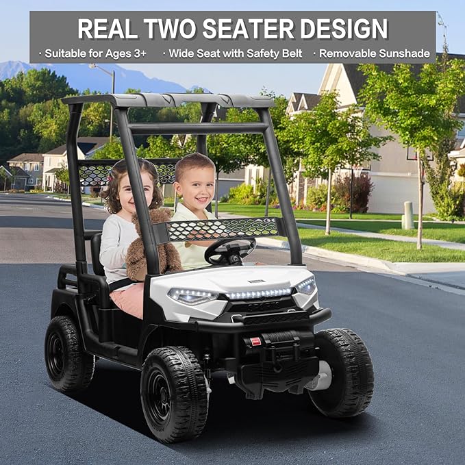 24V 2 Seater Kids Ride on Car, 4WD Golf Cart with Parent Remote Control, 4x4 Motors Ride on Truck with Roof, Toddler Electric Vehicle with Storage Box, Foot Pedal, Music Player, Lights, Horn, White