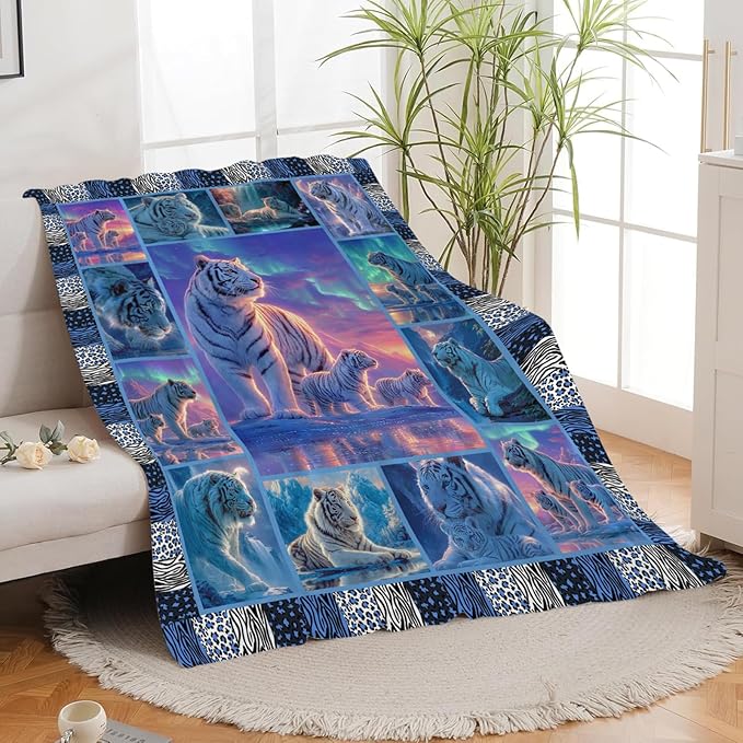 White Tiger Throw Blanket White Tiger Stuff Gifts for Kids Girls Boys Adults Women Men Soft Cozy Warm Plush Fluffy Fuzzy Fleece Blanket Decor 50''X60''