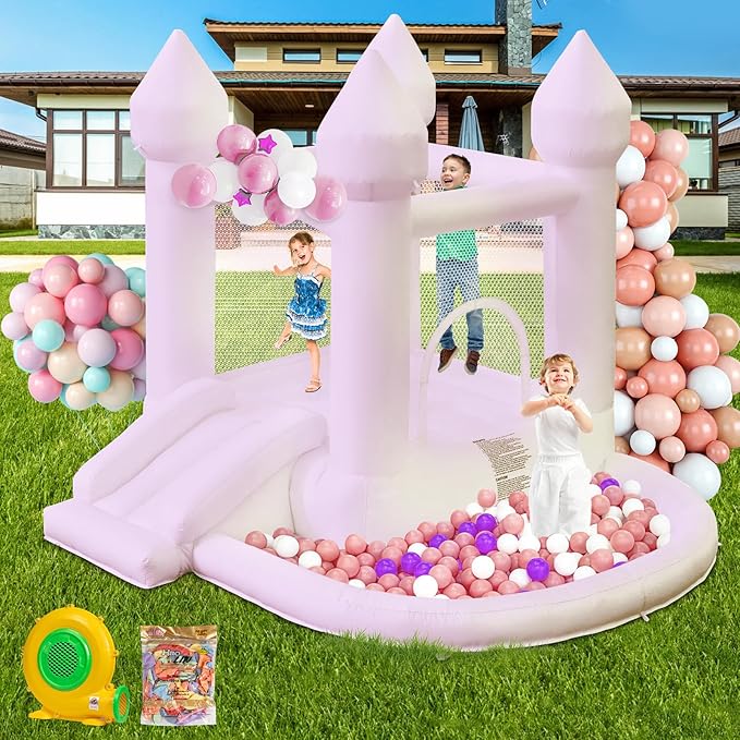 Kids Bounce House, Inflatable Bounce House with Ball Pit & Slide Toddler Bounce House Indoor Portable Fun House Outdoor Bounce House with Blower Moon Bounce Castle for Party 9 * 9 * 7 FT (Pink)