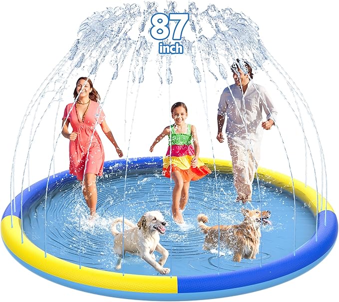 87" Non-Slip Splash Pad for Kids and Dog, Thicken Sprinkler Pool Summer Outdoor Water Toys, Extra Large Backyard Wading Pool for Children Boys & Girls or Pet Dog (Blue&Yellow)