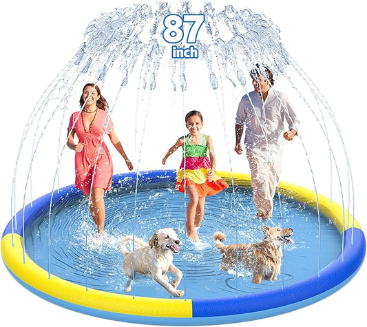 87" Non-Slip Splash Pad for Kids and Dog, Thicken Sprinkler Pool Summer Outdoor Water Toys, Extra Large Backyard Wading Pool for Children Boys & Girls or Pet Dog (Blue&Yellow)