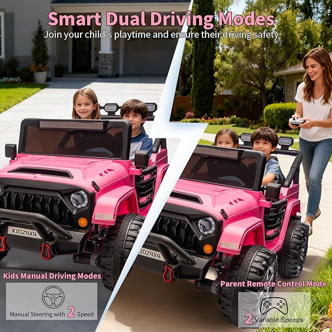 2 Seater Ride on Car Toy for Kids, 24V 4x4 Ride-on Truck, w/Parent Control, Soft Start, 3 Speed, 4-Wheeler Suspension, Bluetooth, LED Lights, Electric Car for Kids Toddler Ages 3-8, Pink
