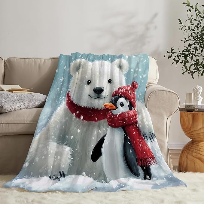 Polar Bear Blanket Penguin Throw Blankets for Girls Boys Women Men Gifts Plush Cozy Flannel Fleece Fuzzy Christmas Blanket for Bed Couch Sofa 50"X40"