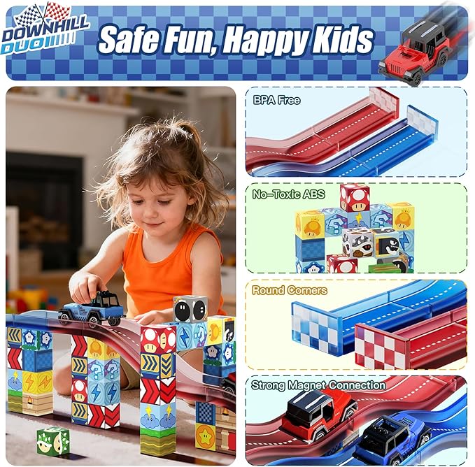 52 PCS Magnetic Tiles Race Car Track Set with 2 Racing Trucks, STEM Educational Travel Magnetic Building Blocks for Kids Ages 3-8, Montessori Sensory Toys Gifts for Toddler, Boys & Girls