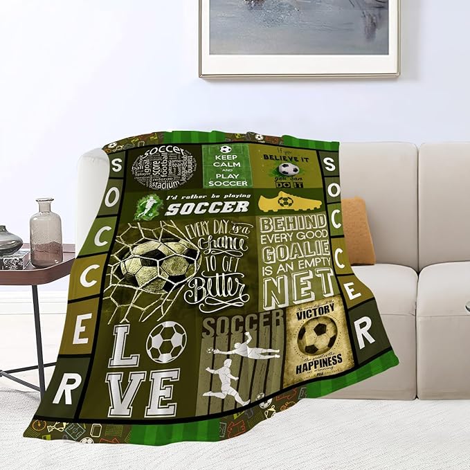 Soccer Blanket Sport Theme Throw Blanket Ultra Soft Cozy Fleece Soccer Gift for Soccer Lover Fuzzy Plush Bedding Blankets for Soccer Team Player Kids Teens Adults Girls Boys Women Men 80"x60"