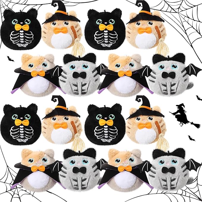Soulchen 16 Pcs Halloween Stuffed Animal 4 Inch Plush Cat Toys Bulk Mini Halloween Plushies with Keychain Small Kawaii Plush Kitten Characters Trick or Treat Goodie Bag Fillers Party Favors