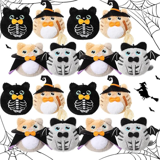 Soulchen 16 Pcs Halloween Stuffed Animal 4 Inch Plush Cat Toys Bulk Mini Halloween Plushies with Keychain Small Kawaii Plush Kitten Characters Trick or Treat Goodie Bag Fillers Party Favors